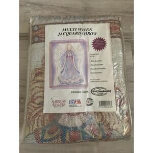 Vtg American Weavers Multi Woven Jacquard Throw blanket Christmas Guardian Angel